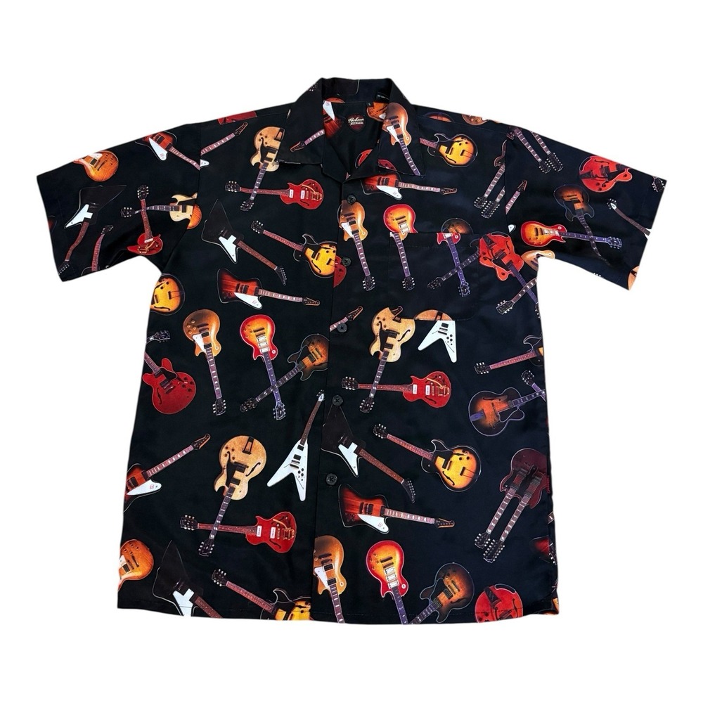 Gibson Tour Wear Guitar AOP Shirt Men L Black Short Sleeve Button Up Dragonfly